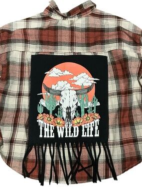 Western Upcycled Wild Life Fringe Flannel shirt Top Rodeo Cowgirl